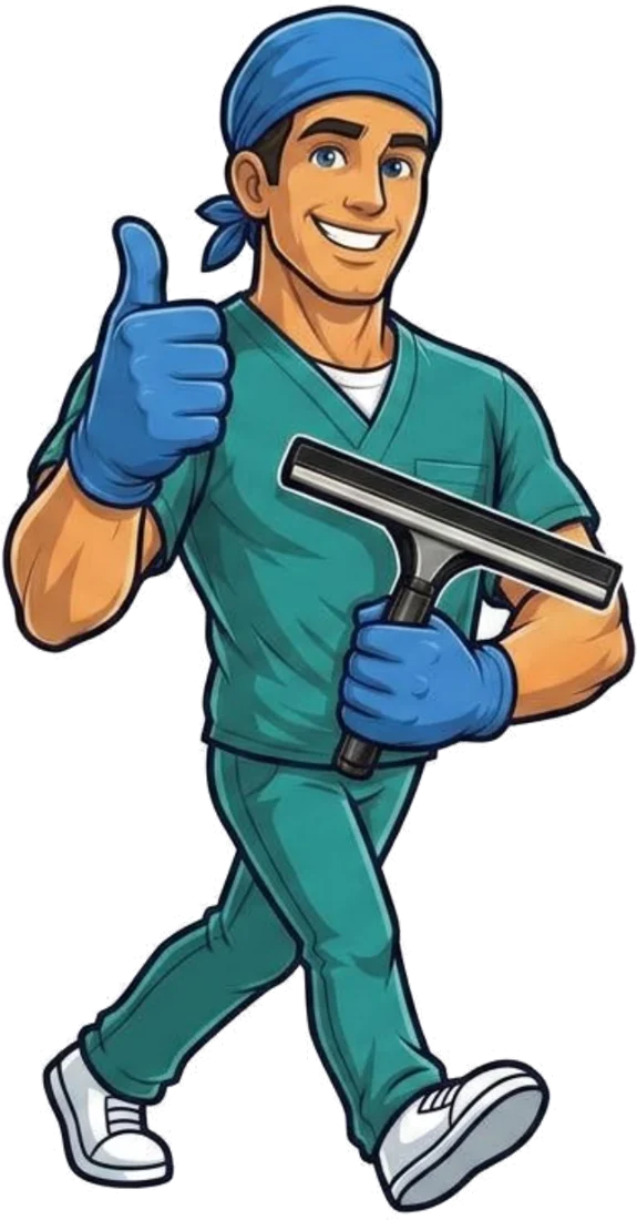 Stone Surgeons mascot in scrubs holding a squeegee